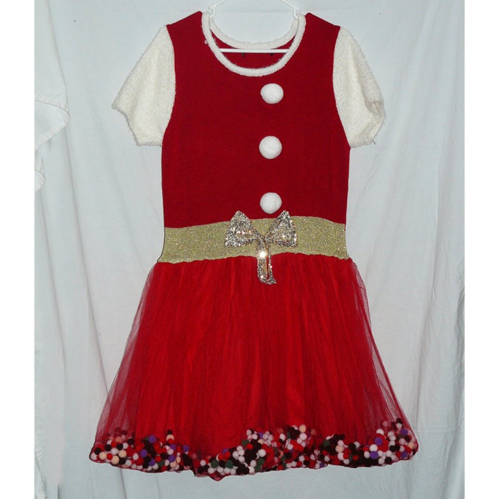 Red & Golden Ugly Christmas Sweater Pompom Bubble Dress, SZ XL?, GUC